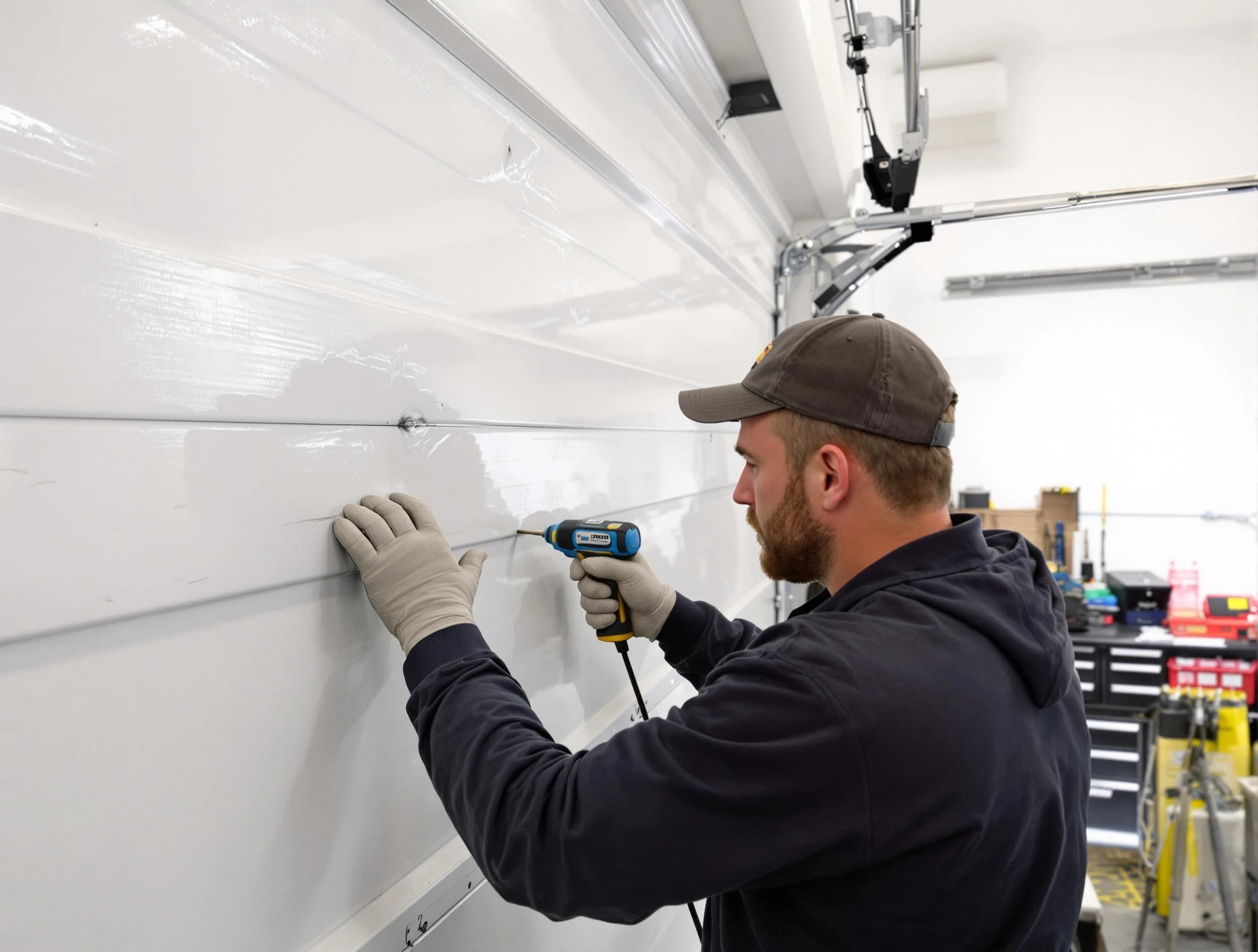 Covington Garage Door Repair technician demonstrating precision dent removal techniques on a Covington garage door