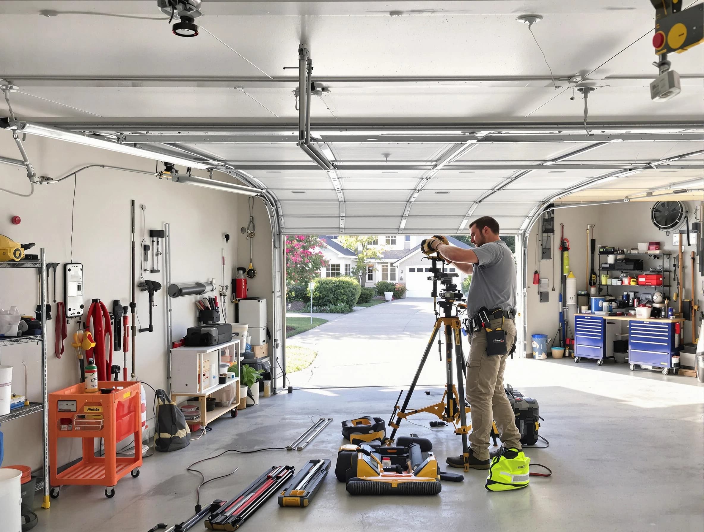 Covington Garage Door Repair specialist performing laser-guided track alignment in Covington